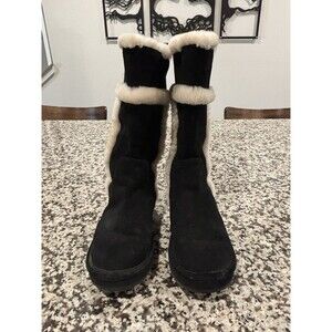 Michael Kors Winter Boots Suede Shearling Sz 8 Black With White Fur Trim - Flaw